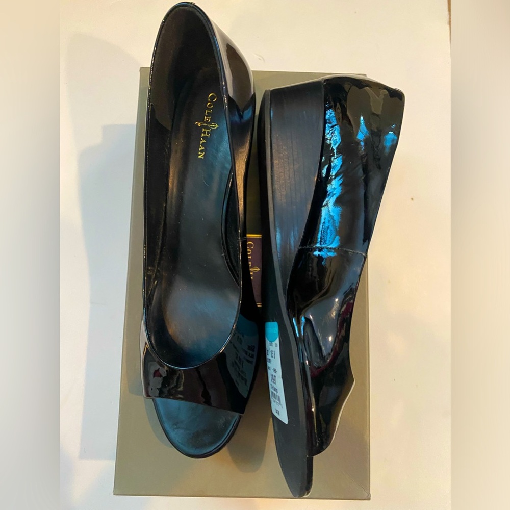 Cole Haan Elsie Black Patent Leather Peep Toe Classic Wedge heel shoes
